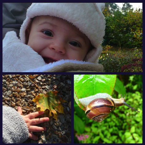 Baby parents outside nature park snail