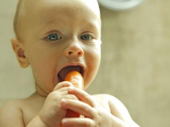 Baby tasting a carrot