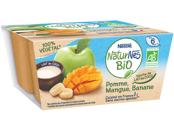 Le petit pot : NaturNes® Bio Pomme, Mangue, Banane, touche de lait de coco 4x90g