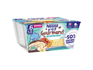 NESTLÉ P'tit Gourmand Semoule au lait de coco Pomme Vanille (4x90g) NESTLÉ P'tit Gourmand Semoule au lait de coco Pomme Vanille (4x90g)