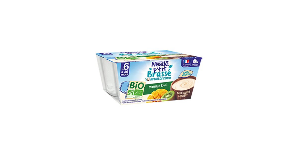 Nestlé Bébé P'tit Brassé Bio Végétal Lait de Coco Mangue Kiwi - 4x 90g -  dès 6 mois